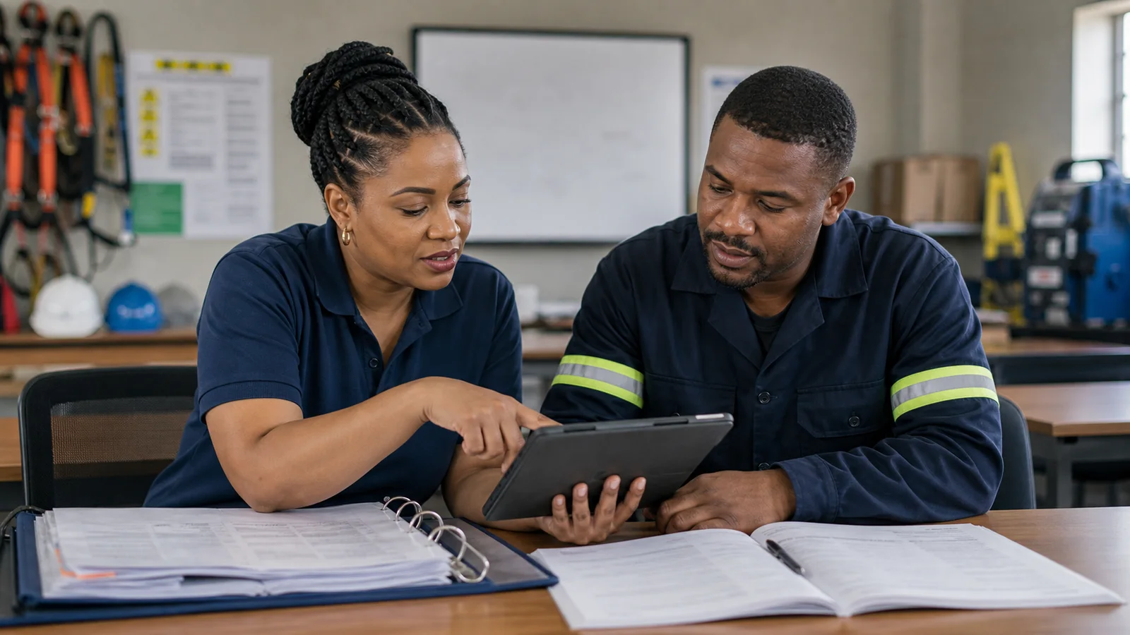 Facilitator and supervisor reviewing workplace evidence for How do digital logbooks support workplace-based learning accreditation?